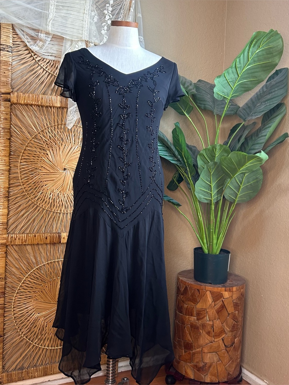 S L Fashions black beaded dress size 8 flowy skirt